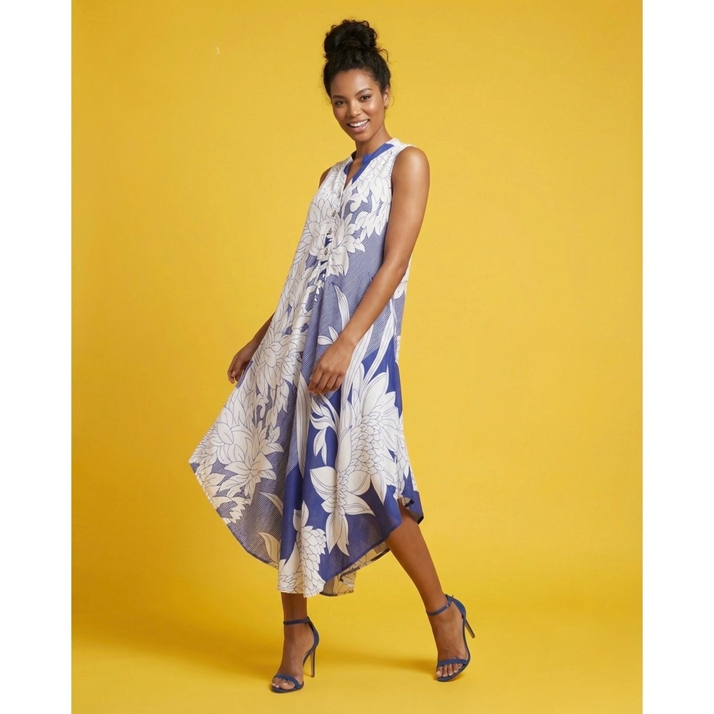 Exist Floral Asymmetrical Sleeveless Dress Womens L/XL Blue White Lagenlook Boho